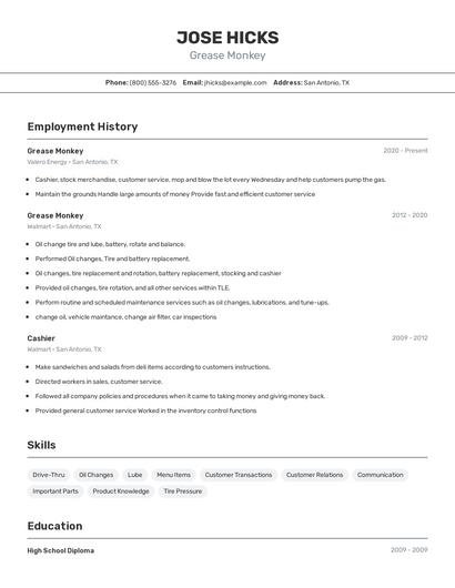 Grease Monkey Resume