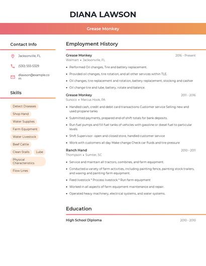 Grease Monkey Resume