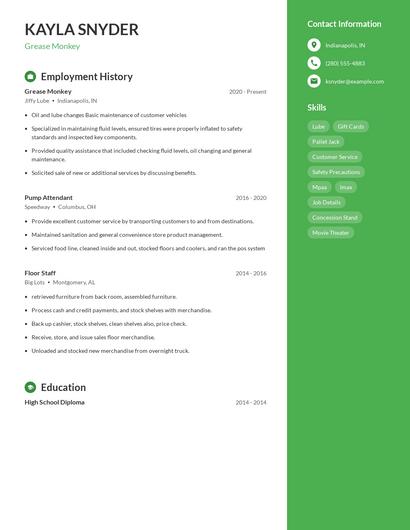 Grease Monkey Resume