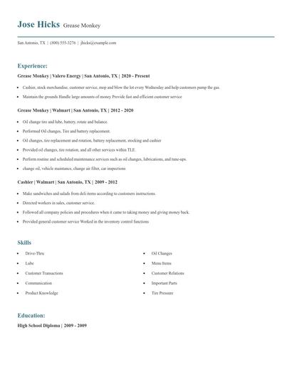 Grease Monkey Resume