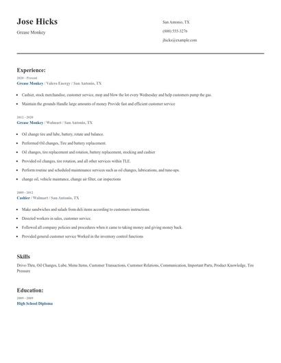 Grease Monkey Resume
