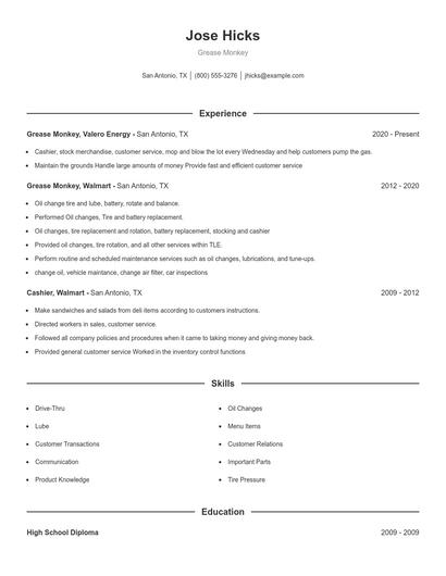 Grease Monkey Resume