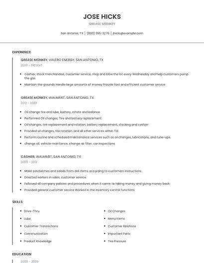 Grease Monkey Resume