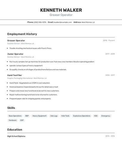 Greaser Operator Resume