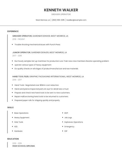 Greaser Operator Resume