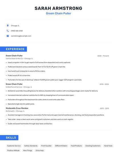 Green Chain Puller Resume
