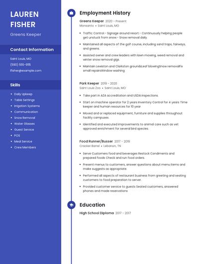 Greens Keeper Resume