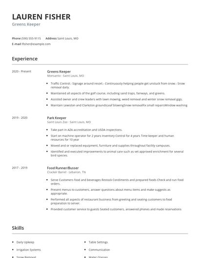 Greens Keeper Resume
