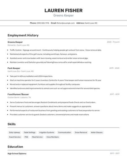 Greens Keeper Resume