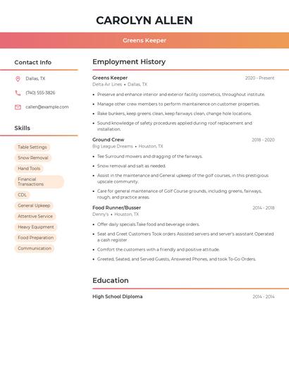 Greens Keeper Resume