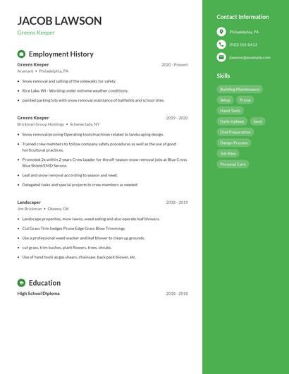 Greens Keeper Resume