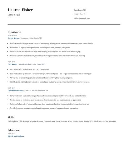 Greens Keeper Resume