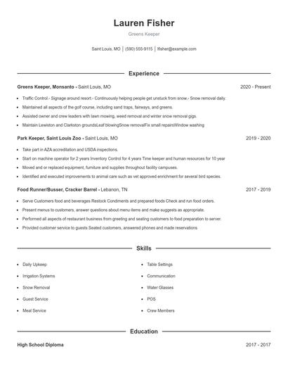Greens Keeper Resume