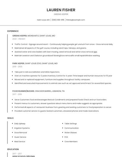 Greens Keeper Resume