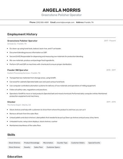 Greenstone Polisher Operator Resume