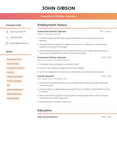 Greenstone Polisher Operator Resume