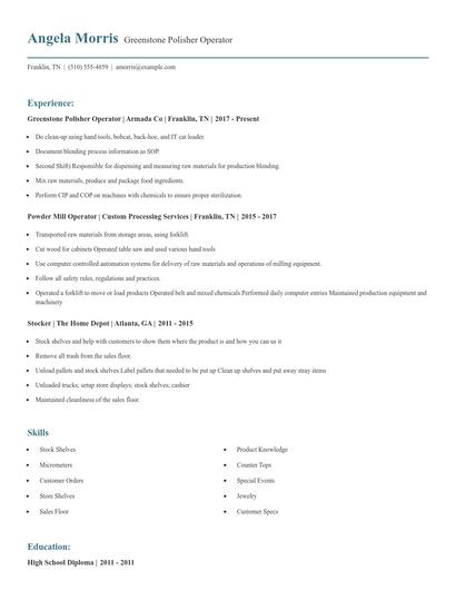 Greenstone Polisher Operator Resume