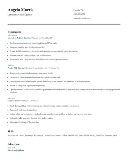 Greenstone Polisher Operator Resume