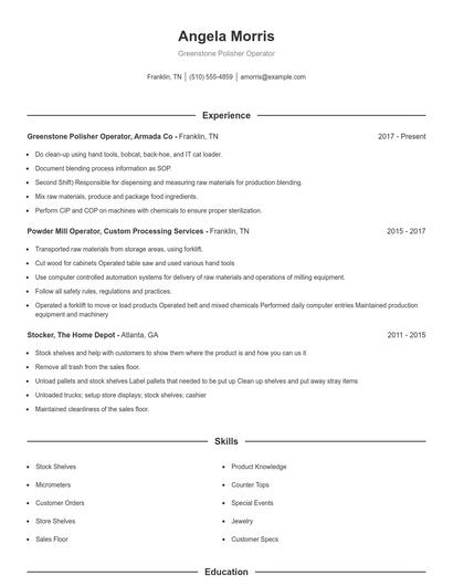 Greenstone Polisher Operator Resume