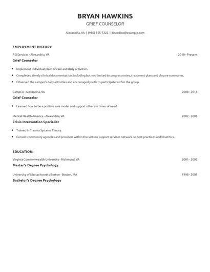 Grief Counselor Resume