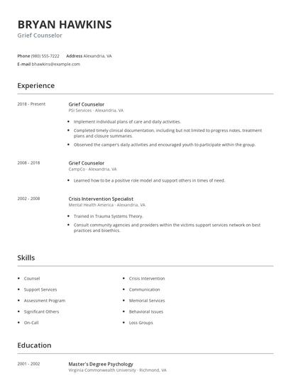 Grief Counselor Resume