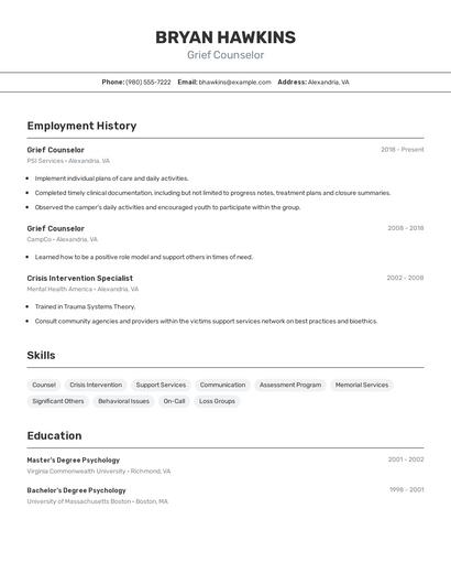 Grief Counselor Resume