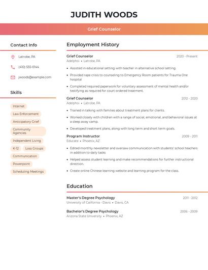 Grief Counselor Resume