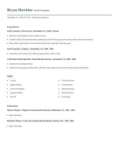Grief Counselor Resume