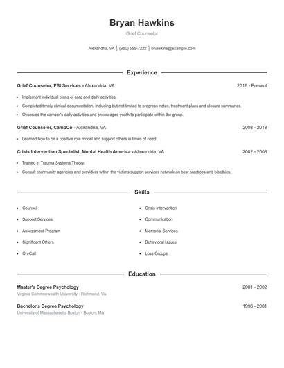 Grief Counselor Resume