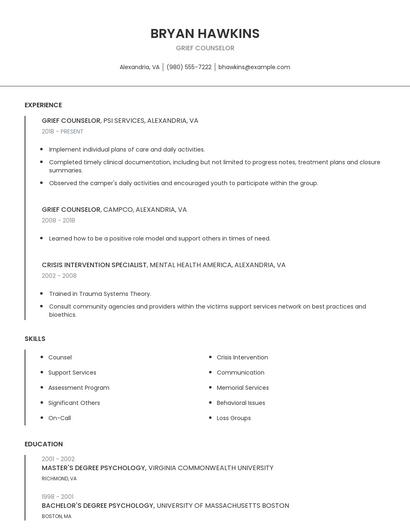 Grief Counselor Resume
