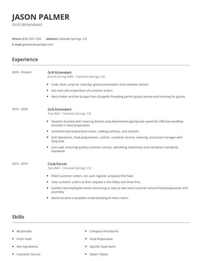 Grill Attendant Resume