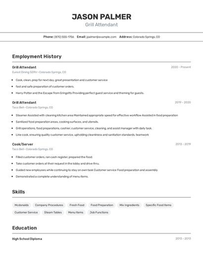 Grill Attendant Resume