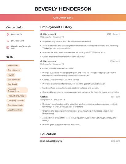 Grill Attendant Resume
