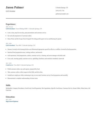 Grill Attendant Resume