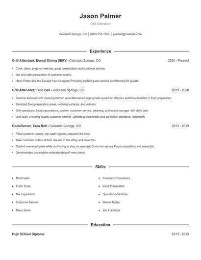 Grill Attendant Resume