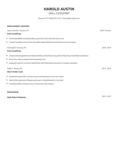 Grill Cook/Prep Resume