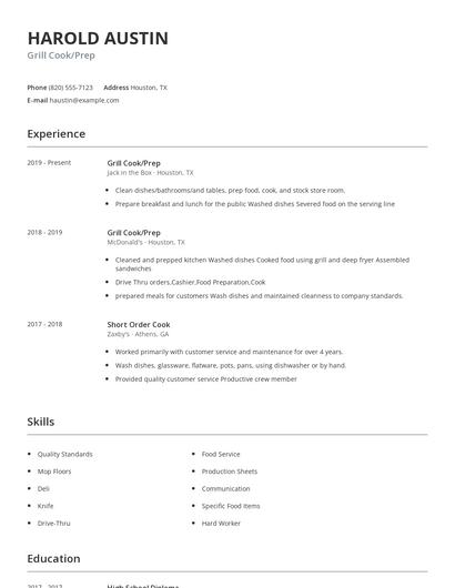 Grill Cook/Prep Resume