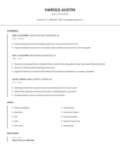 Grill Cook/Prep Resume
