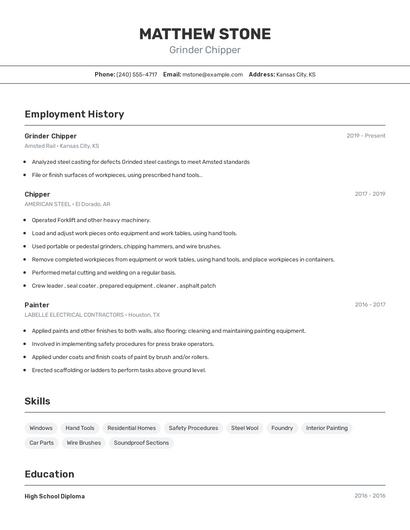 Grinder Chipper Resume