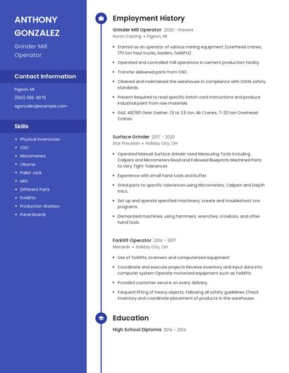 Grinder Mill Operator Resume