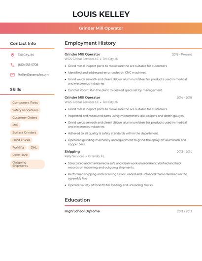 Grinder Mill Operator Resume