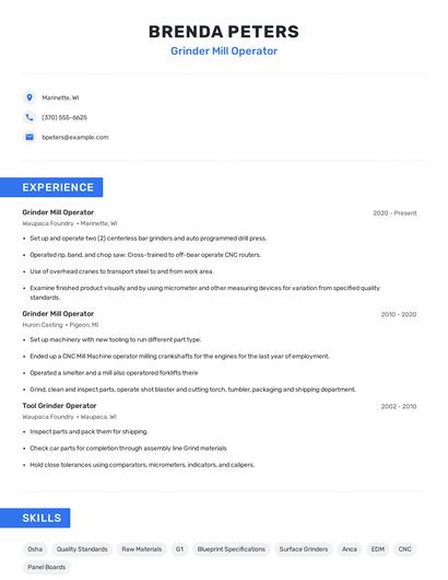Grinder Mill Operator Resume