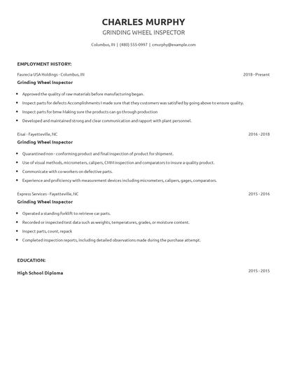 Grinding Wheel Inspector Resume