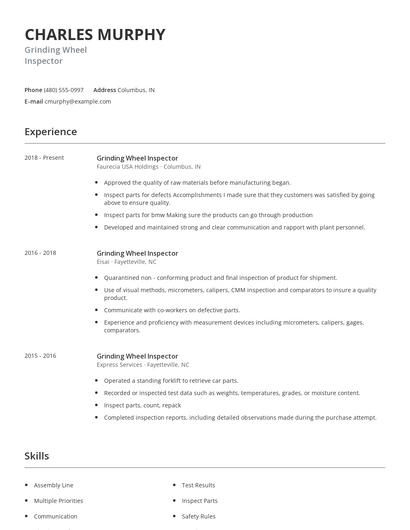 Grinding Wheel Inspector Resume