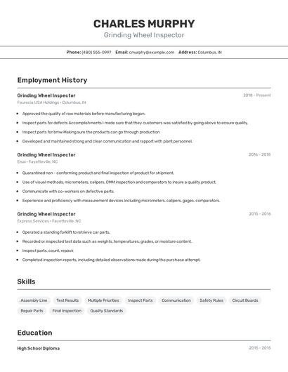 Grinding Wheel Inspector Resume