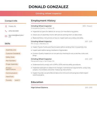 Grinding Wheel Inspector Resume