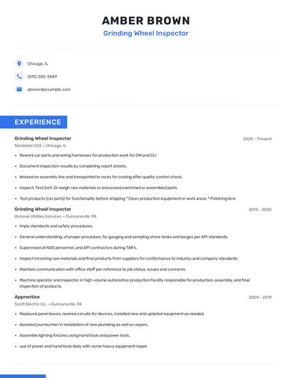 Grinding Wheel Inspector Resume