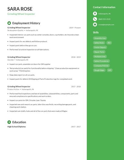 Grinding Wheel Inspector Resume