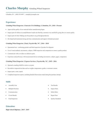 Grinding Wheel Inspector Resume