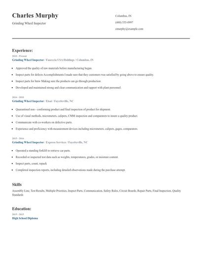 Grinding Wheel Inspector Resume